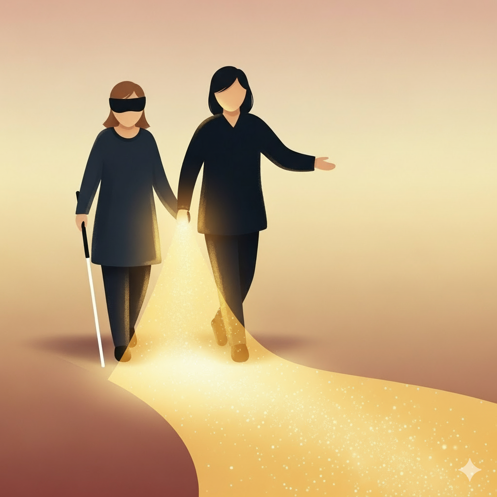 同行援護のイメージイラスト：視覚障害のある方とガイドヘルパーが手を取り合い、足元を照らす光の道を進んでいく幻想的で温かいイラスト