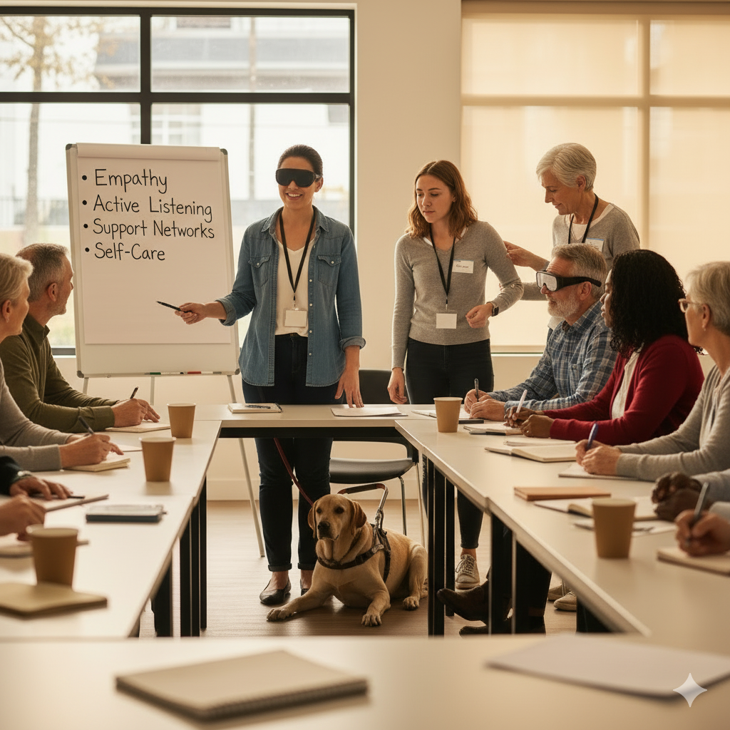 養成研修の様子：アイマスクをした受講生や補助犬を連れた参加者が集まり、ホワイトボードを前に実践的な介助技術を学んでいる風景
