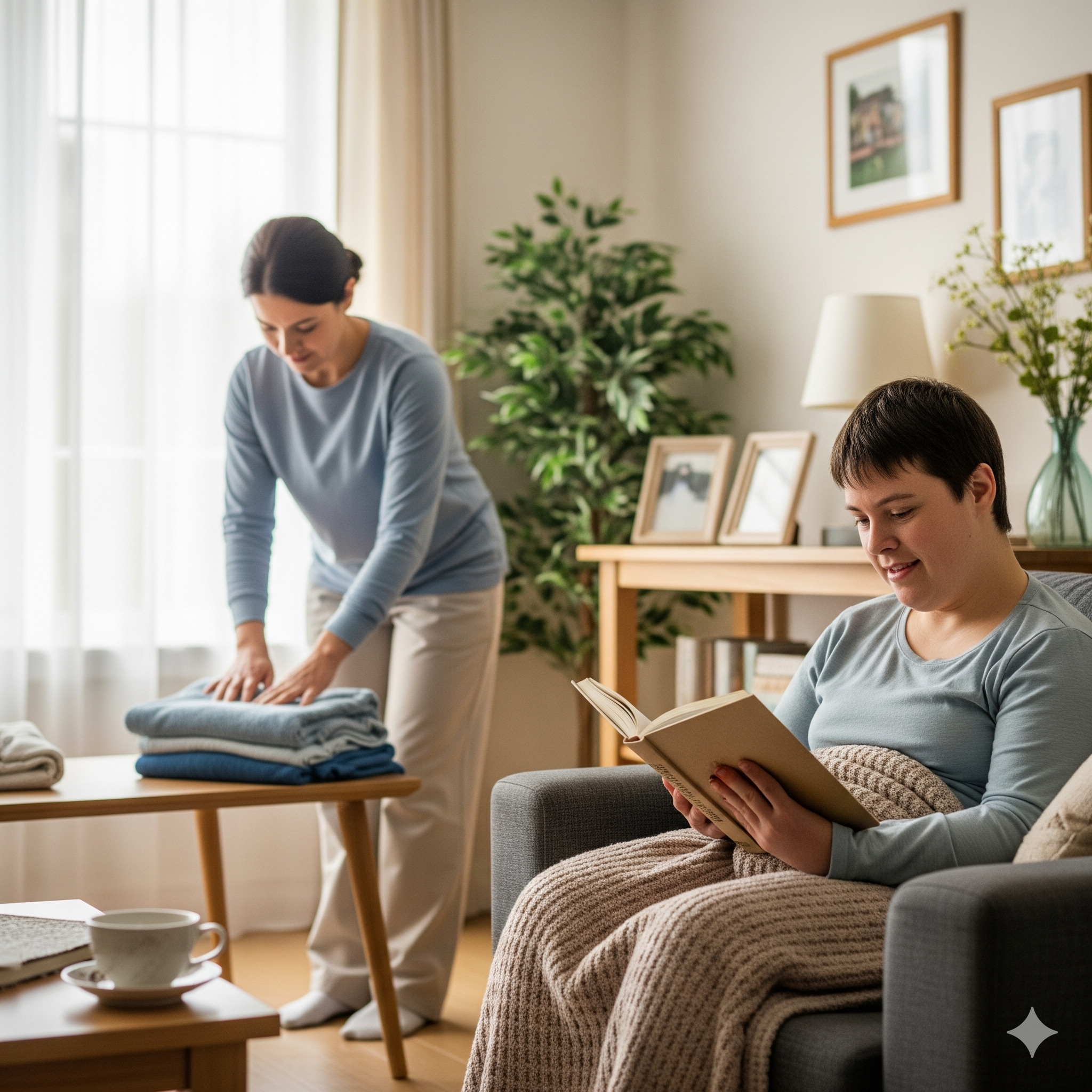 居宅介護のイメージ：ヘルパーが洗濯物を丁寧にたたみ、その横で利用者様がリラックスして読書を楽しんでいる様子